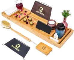 Ecowize Luxe Bamboe Badplank Voor In Bad Met Tablethouder - 100% Natuurlijk Bamboe Badrek Met Boekenhouder - Bad Plank Hout Met Nonslip Grips - Badrekje Voor Bad - Badplankje Uitschuifbaar (75cm Tot 110cm) Met Extra Zeepbakje En Body Brush
