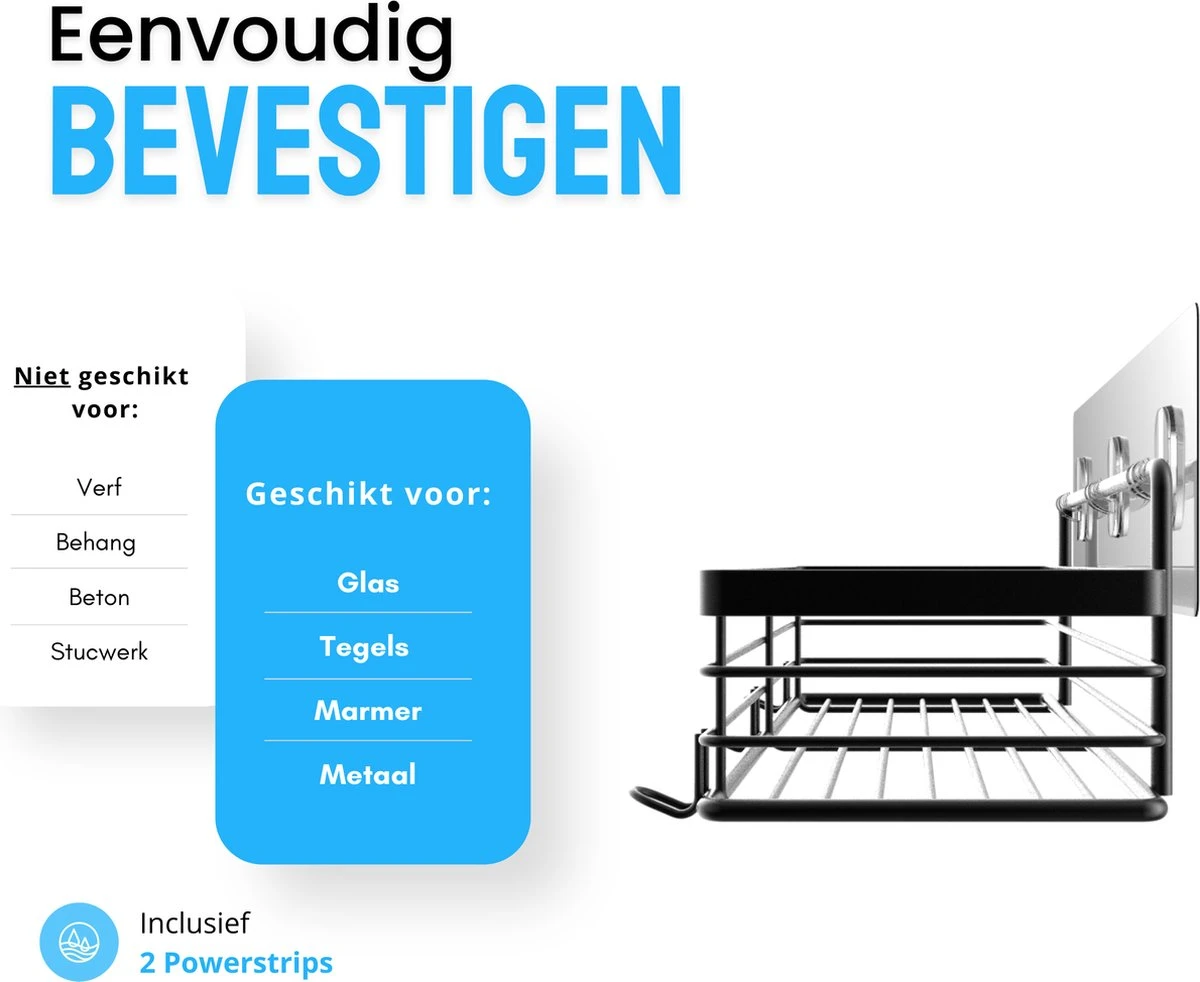 RVS Doucherek Zelfklevend Zonder Boren Zwart - Douchemandje Met 15KG Draagvermogen - Planchet Badkamerrek - Shower Rack - 31x10cm 6 RVS Doucherek Zelfklevend Zonder Boren Zwart - Douchemandje Met 15KG Draagvermogen - Planchet Badkamerrek - Shower Rack - 31x10cm - Afbeelding 4