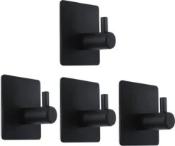 Merkloos Roestvrijstalen Handdoekhaakjes | 3M™ Zelfklevend | 4 Stuks | Mat Zwart | Wandhaak | Ophanghaken | Plakhaakjes | Haakjes | Badkamer | Keuken | RVS