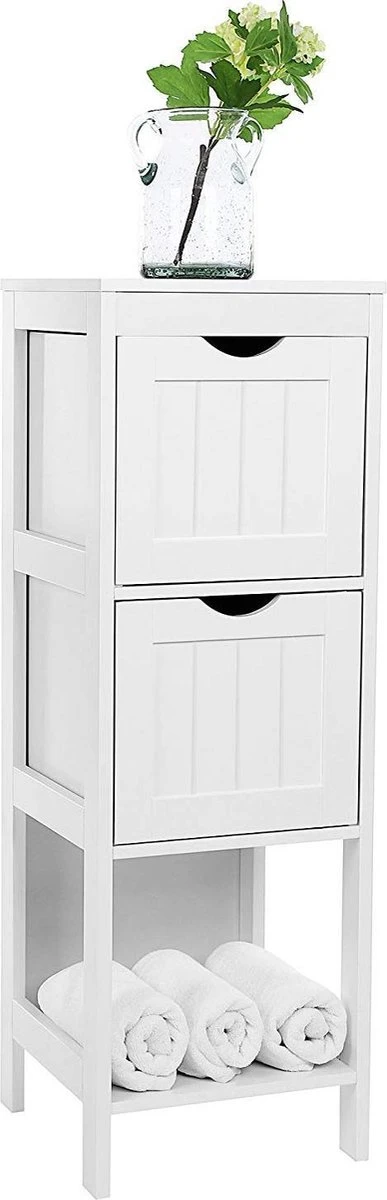 Staand Houten Badkamerkastje Met 2 Te Benutten Schuiflades - Vrijstaand Kastje Voor Badkamer Met Twee Lades - 30x30x89cm - Wit 3 Staand Houten Badkamerkastje Met 2 Te Benutten Schuiflades - Vrijstaand Kastje Voor Badkamer Met Twee Lades - 30x30x89cm - Wit