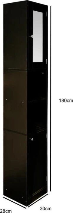 Badkamerkast - Kolomkast Badkamer Slaapkamer Of Hal - Met Spiegel - 180 Cm Hoog - Zwart -Badkamer Wijs 416x1200 3