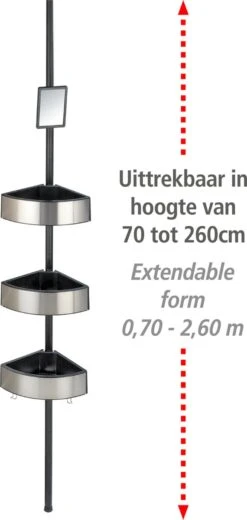 WENKO Telescopisch Doucherek Big Black 3-laags Met Spiegel Zilver/zwart - Bevestigen Zonder Boren -Badkamer Wijs 570x1200