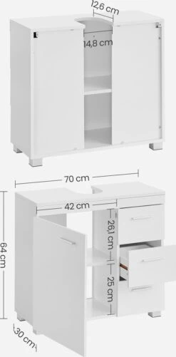 Signature Home Beirut Wastafel - Badkamerkast Met 3 Grote Lades - Badkamerkast - 2 Vakken Achter De Deur - Badkameronderkast Met Poten - 30 X 70 X 64 Cm - Wit -Badkamer Wijs 592x1200