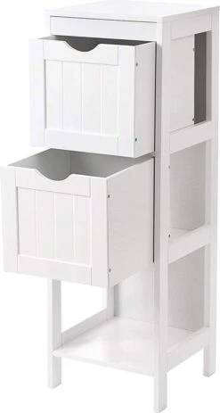 Staand Houten Badkamerkastje Met 2 Te Benutten Schuiflades - Vrijstaand Kastje Voor Badkamer Met Twee Lades - 30x30x89cm - Wit 15 Staand Houten Badkamerkastje Met 2 Te Benutten Schuiflades - Vrijstaand Kastje Voor Badkamer Met Twee Lades - 30x30x89cm - Wit -Badkamer Wijs 640x1200 3