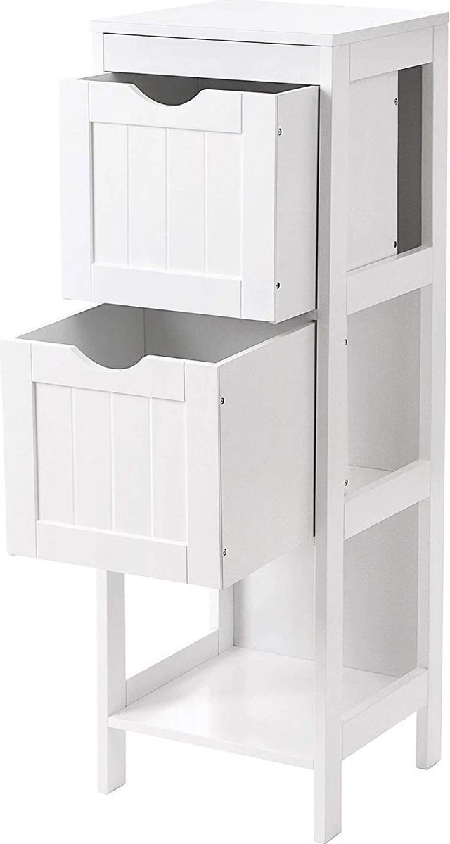 Staand Houten Badkamerkastje Met 2 Te Benutten Schuiflades - Vrijstaand Kastje Voor Badkamer Met Twee Lades - 30x30x89cm - Wit 7 Staand Houten Badkamerkastje Met 2 Te Benutten Schuiflades - Vrijstaand Kastje Voor Badkamer Met Twee Lades - 30x30x89cm - Wit - Afbeelding 5