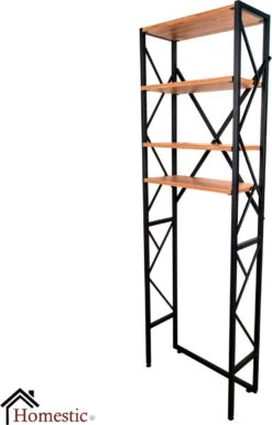 Homestic© - Ruimtebesparende Toiletmeubel - WC Plank, Badkamerplank Met 4 Open Vakken - Industrieel RVS Badkamermeubel - Zwart Staal / Hout - 170x54x24 CM