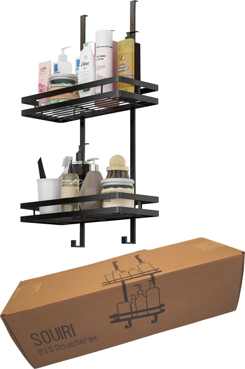 Souiri Doucherek - Stainless Doucherek - Zonder Boren - Doucherek Zwart - Doucherek Hangend - Badkamer Accessoires - RVS - 2 Laags 6 Souiri Doucherek - Stainless Doucherek - Zonder Boren - Doucherek Zwart - Doucherek Hangend - Badkamer Accessoires - RVS - 2 Laags - Afbeelding 4