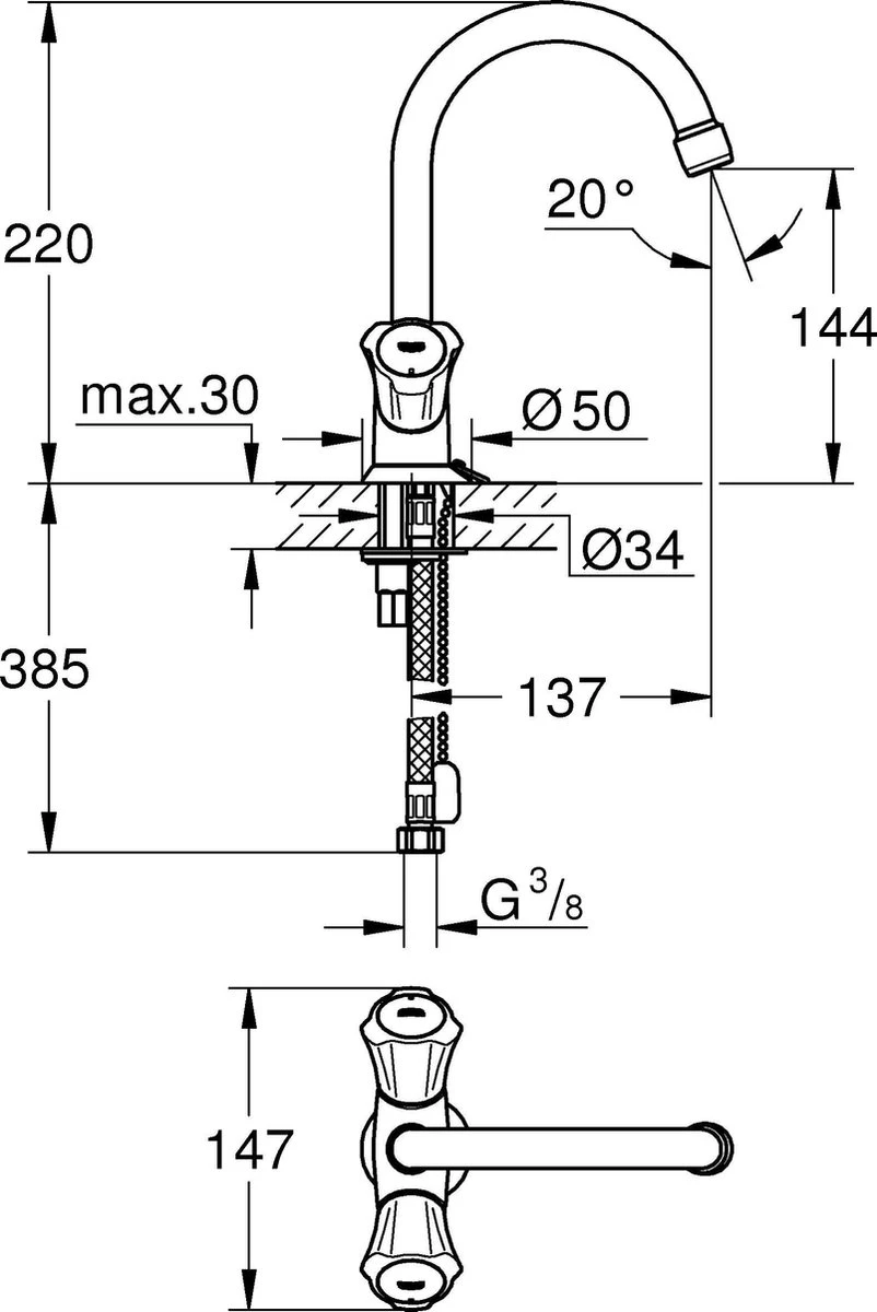 GROHE Costa-L Wastafelkraan - Met Ketting - Chroom 4 GROHE Costa-L Wastafelkraan - Met Ketting - Chroom - Afbeelding 2