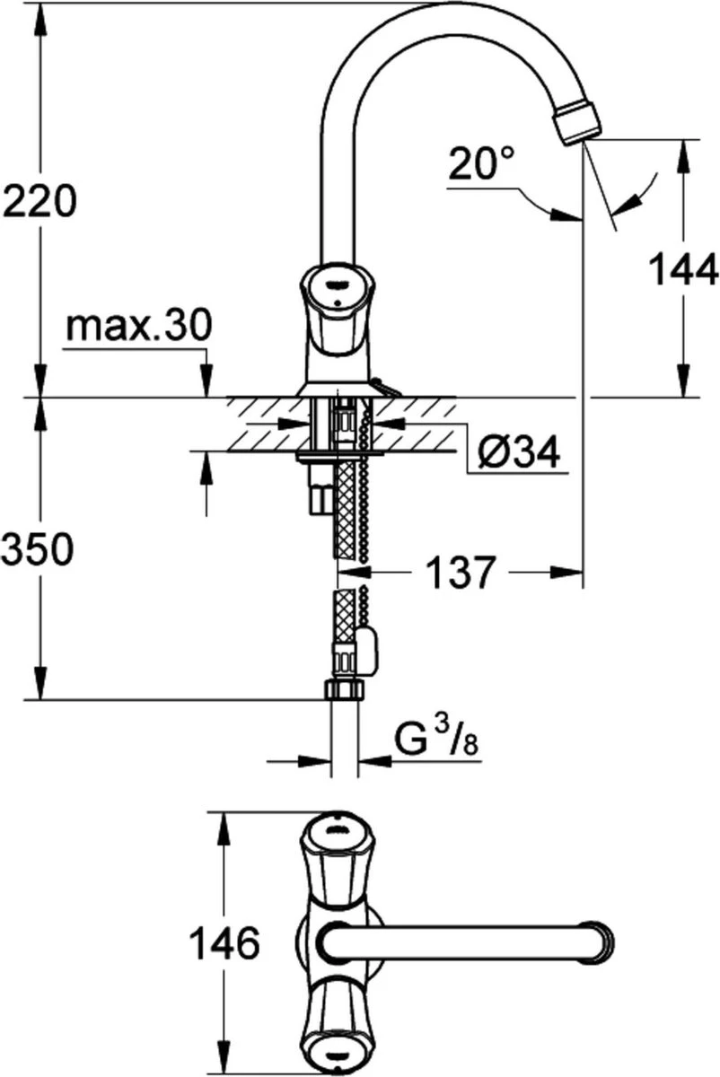 GROHE Costa-L Wastafelkraan - Met Ketting - Chroom 5 GROHE Costa-L Wastafelkraan - Met Ketting - Chroom - Afbeelding 3