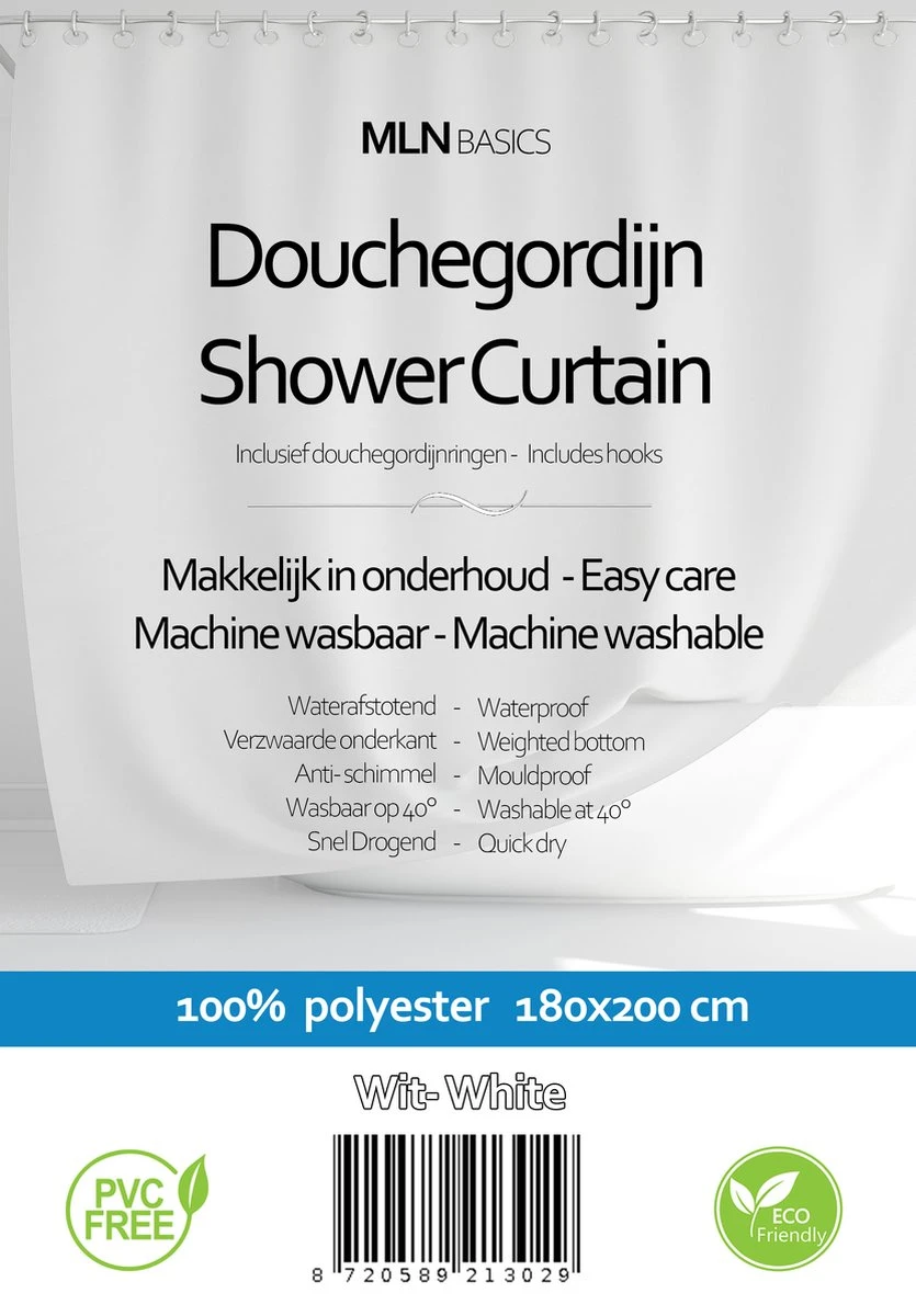 MLN Basics® Douchegordijn | Wit | 180x200 Cm | Inclusief Ringen | Anti-schimmel 4 MLN Basics® Douchegordijn | Wit | 180x200 Cm | Inclusief Ringen | Anti-schimmel - Afbeelding 2