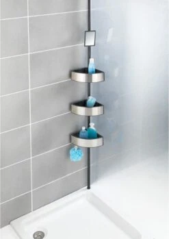 WENKO Telescopisch Doucherek Big Black 3-laags Met Spiegel Zilver/zwart - Bevestigen Zonder Boren -Badkamer Wijs 850x1200