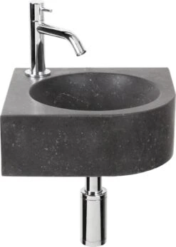 Differnz Cleo Fonteinset - Wasbak Natuursteen - Zwart - Gebogen Kraan - Chroom - Standaard Greep - 30 X 30 X 10 Cm