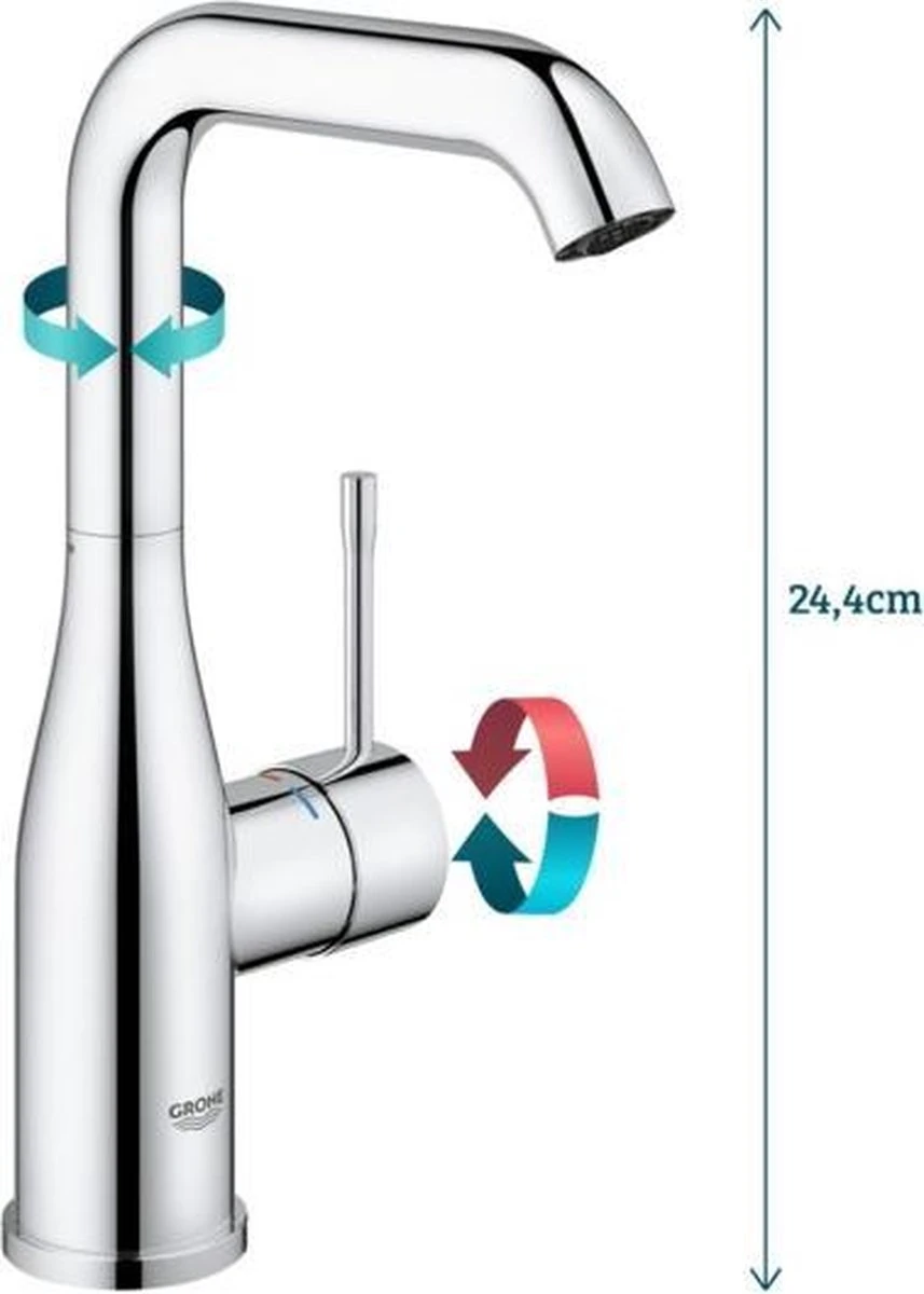 GROHE Essence New Wastafelkraan - Met EcoJoy® - Draaibare Uitloop - Zonder Waste - Chroom - 23541001 8 GROHE Essence New Wastafelkraan - Met EcoJoy® - Draaibare Uitloop - Zonder Waste - Chroom - 23541001 - Afbeelding 6
