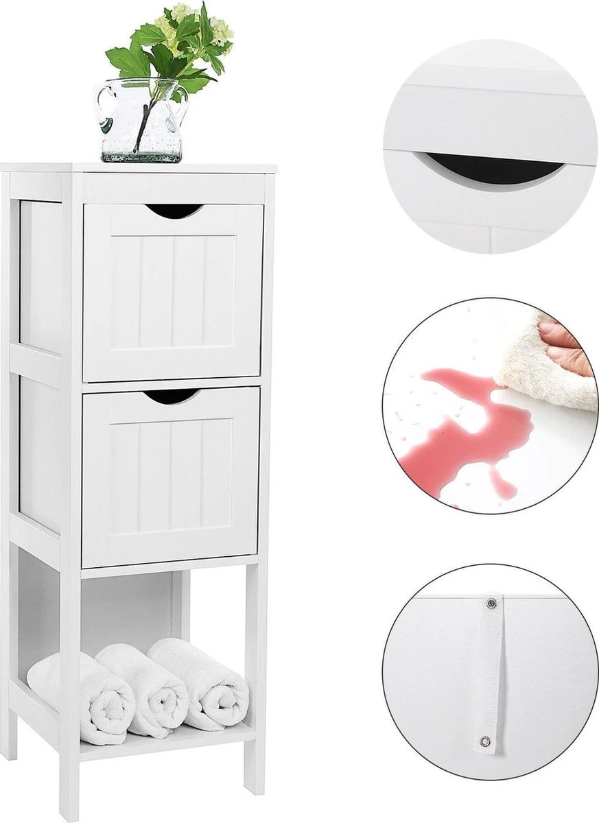 Staand Houten Badkamerkastje Met 2 Te Benutten Schuiflades - Vrijstaand Kastje Voor Badkamer Met Twee Lades - 30x30x89cm - Wit 5 Staand Houten Badkamerkastje Met 2 Te Benutten Schuiflades - Vrijstaand Kastje Voor Badkamer Met Twee Lades - 30x30x89cm - Wit - Afbeelding 3