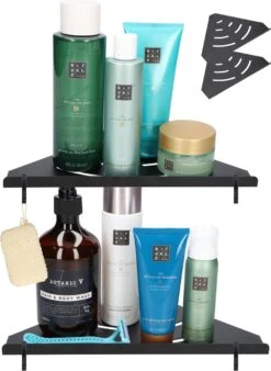 Doucherek - Doucherek Zonder Boren - Doucherekjes - Doucherek Hangend - Doucherekje - Doucherekje Zonder Boren - Doucherek Zwart - Hoek - 2 Stuks - Met Haakjes - Inclusief Montage Materiaal - Hoogwaardig Afgewerkt - EJC Products